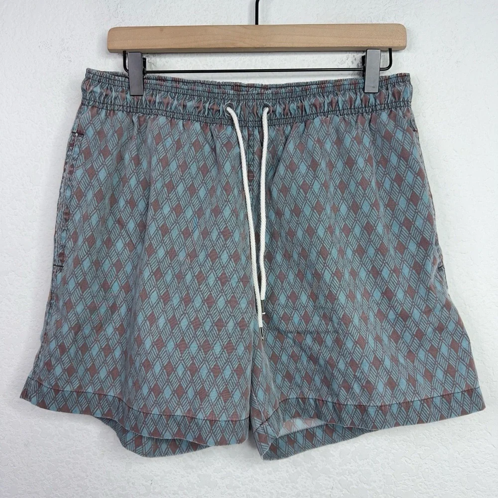Faherty Swim Trunks Mens L Blue Abstract Diamond Pattern Drawstring Beach Shorts